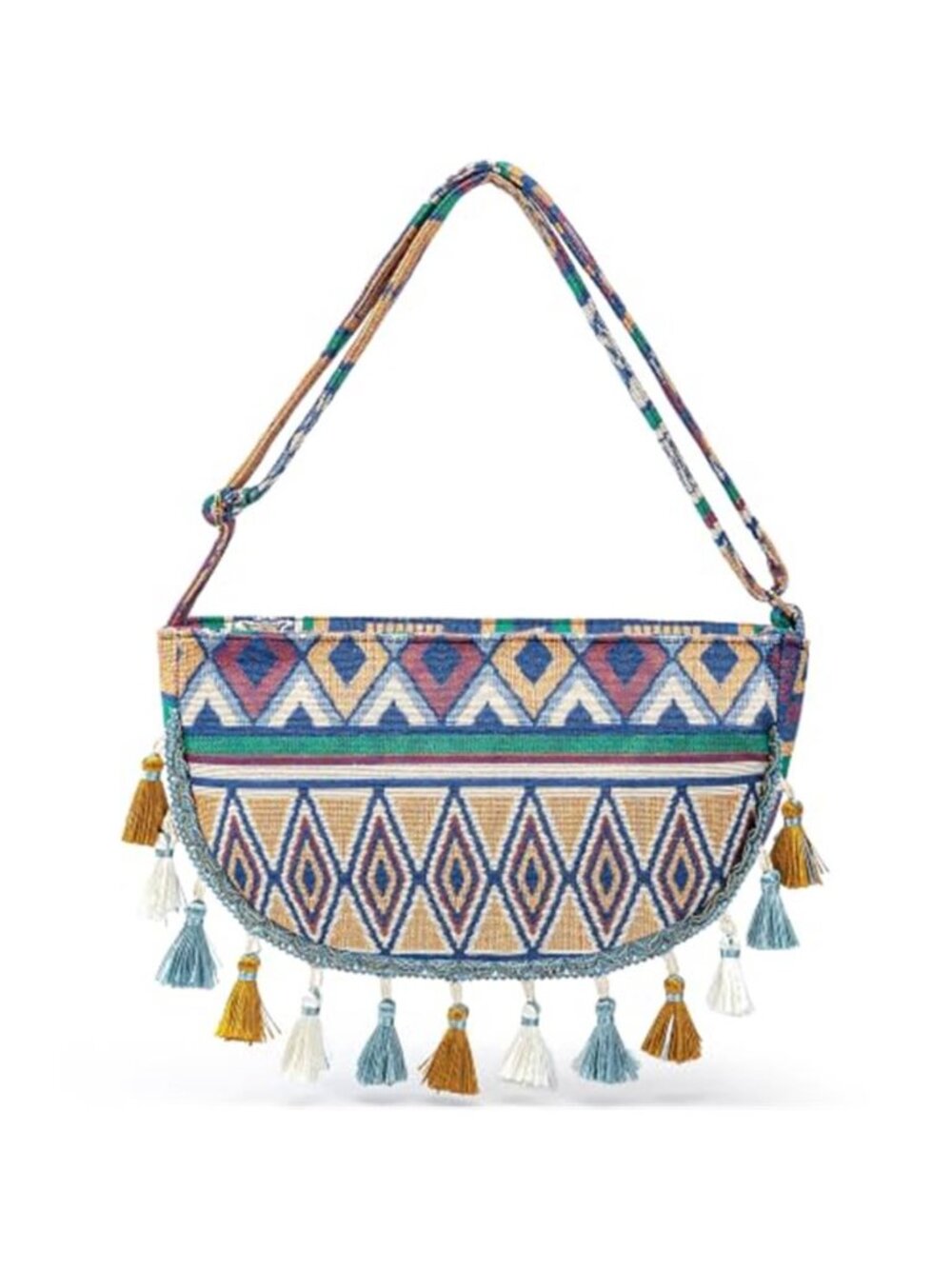 Women Boho Crescent Underarm bag Crossbody Bag, Vintage Ethnic Woven Tassel